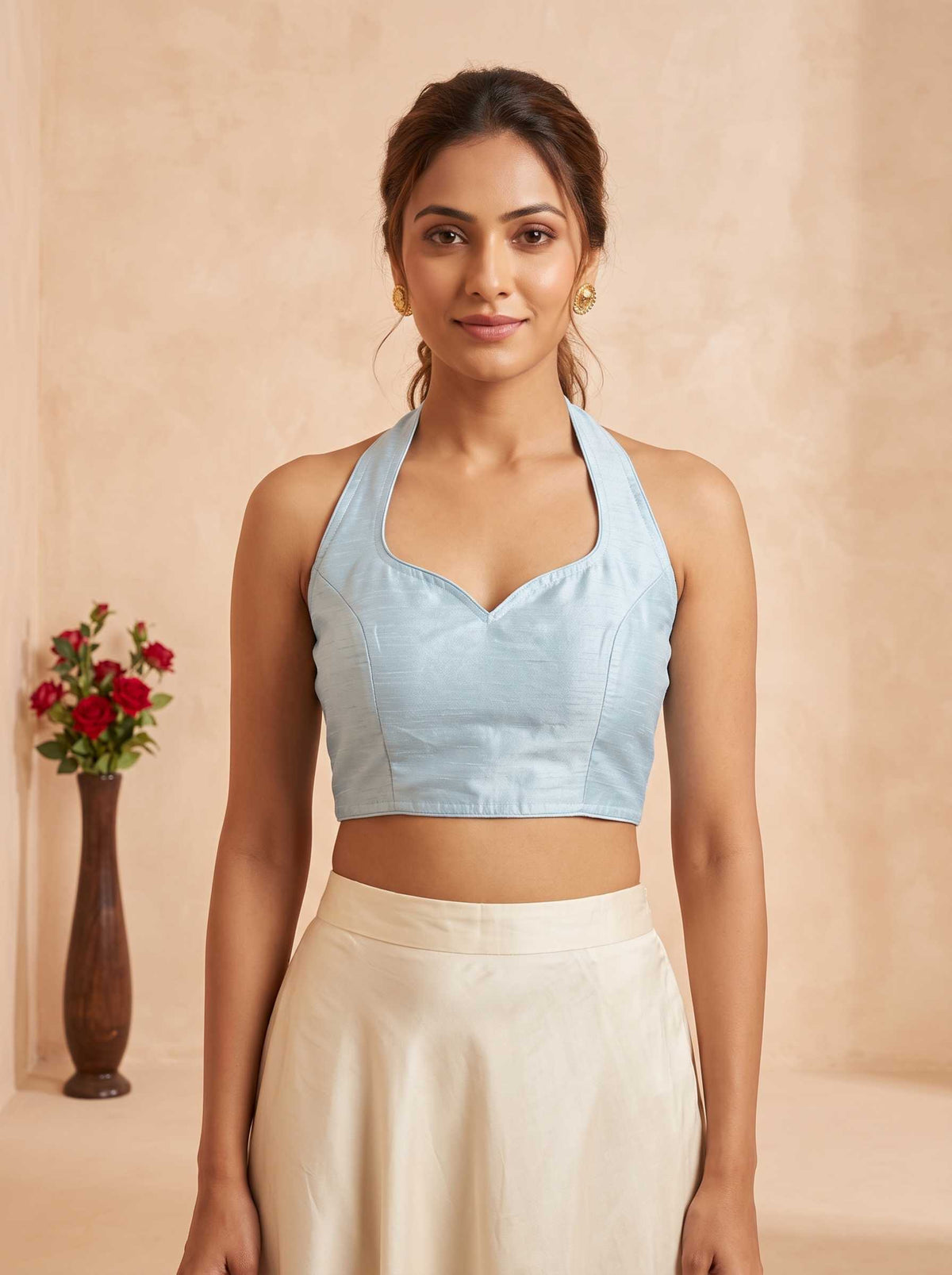 Women's Solid Halter Neck Stitched Blouse Sky Blue