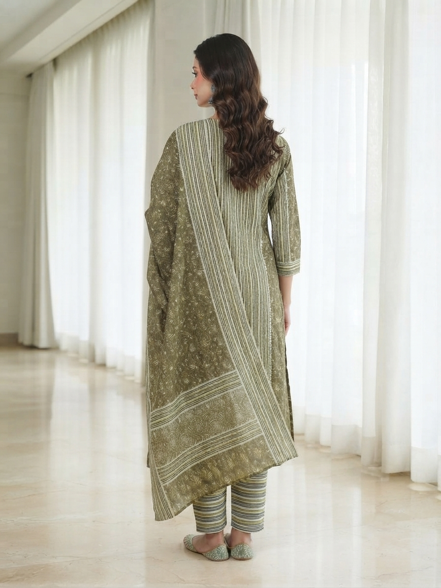 Olive Green Floral Block Print Pure Cotton Kurta, Pant & Dupatta Set