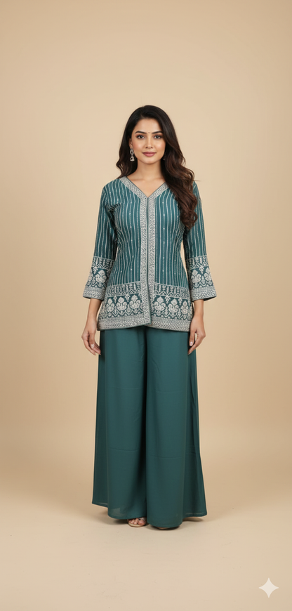 Teal or Deep Turquoise Blue Chinon Zircon & Thread Work Co-ord Set (Short Kurta & Palazzo)