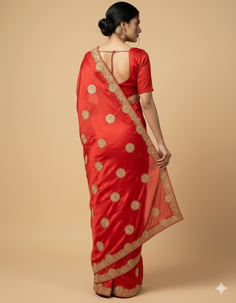 Ethereal Red Satin Chiffon Saree with Golden Serosqui Work #40315