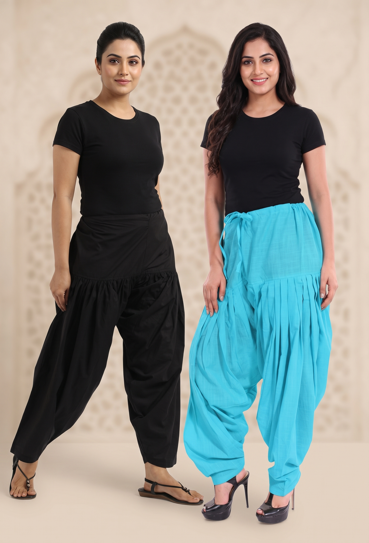 Women & Girl's Ethnic Premium Pleated Patiala Salwar in Jet Black and Sky Blue_Pack of 2
