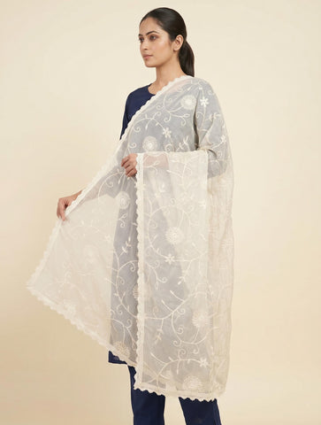 Exquisite Cream Pure Cotton Dupatta with All-Over Floral Jaal Embroidery and Lace Trim