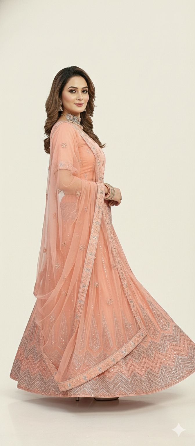 Charming Peach Net Party Wear Lehenga Choli (Unstitched)