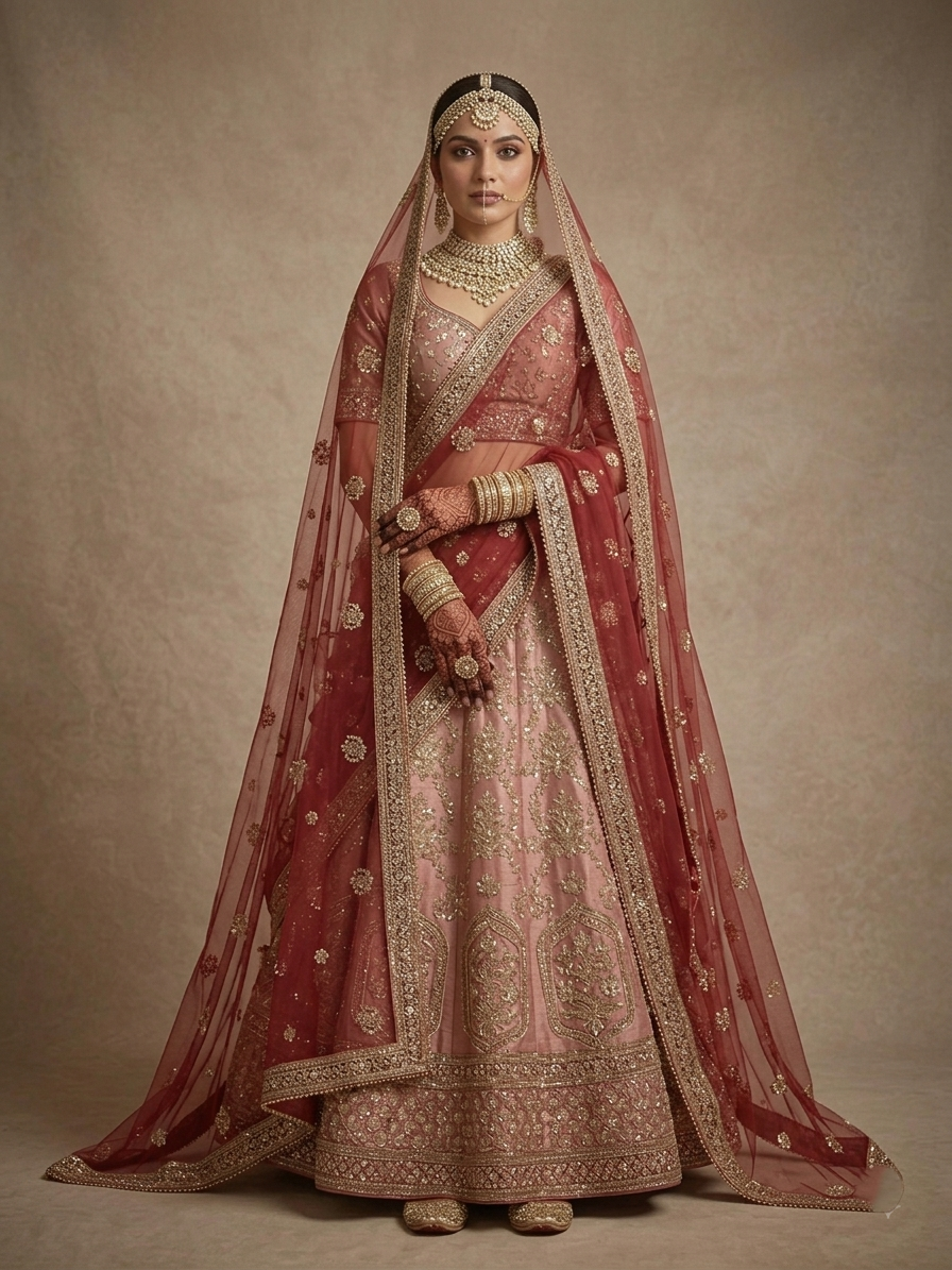 Royal Red Heavy Net Bridal Dupatta with Velvet Zari & Sequin Border