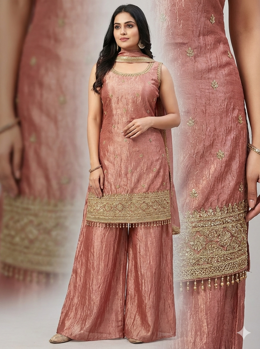 Metallic Antique Rose Gold Crush Art Silk Handwork Kurti Set with Palazzo Rose gold