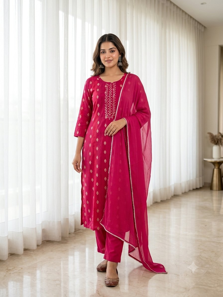 Magenta Pink Printed Cotton Kurta with Pants & Chiffon Dupatta Set