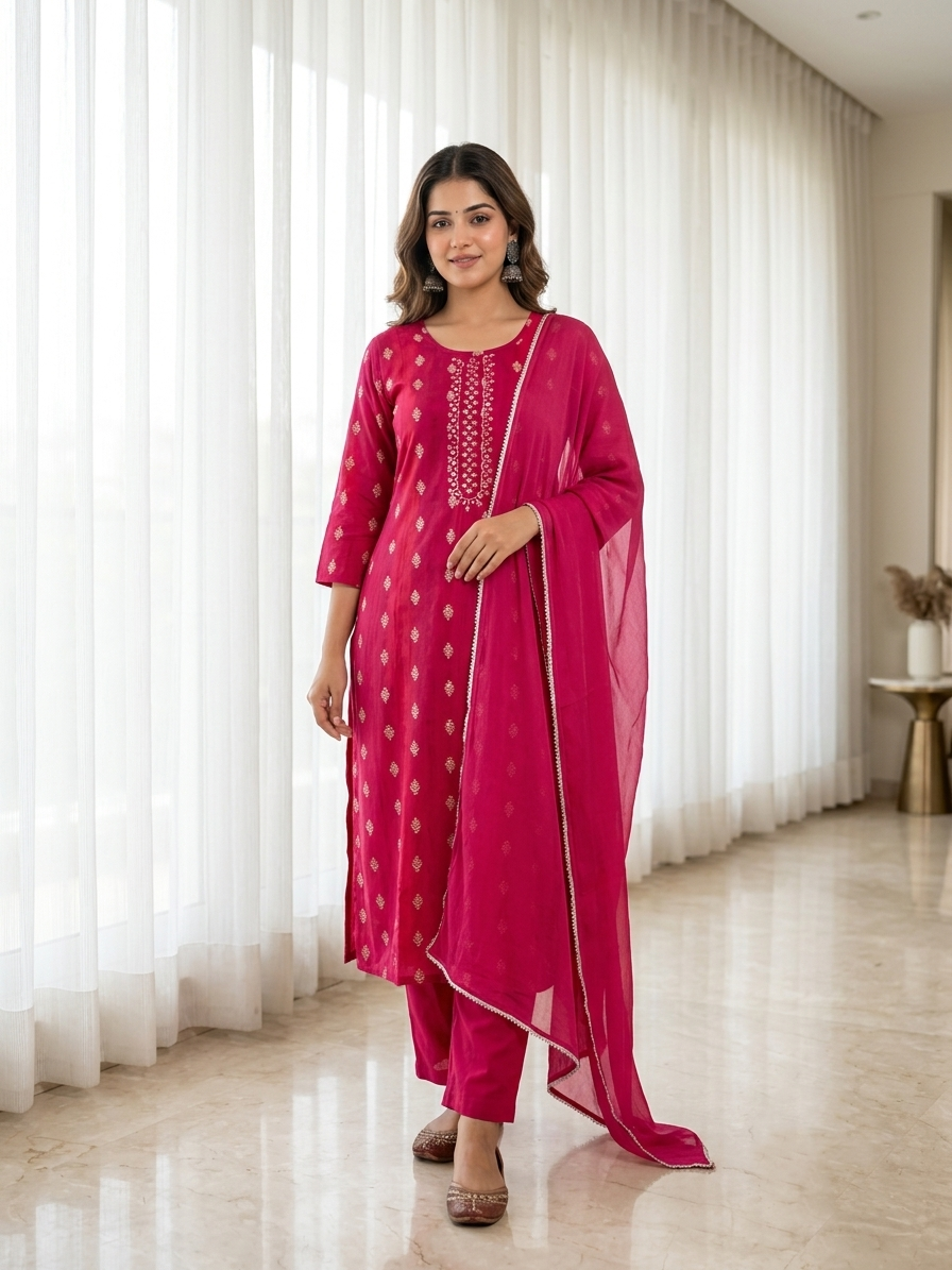 Magenta Pink Printed Cotton Kurta with Pants & Chiffon Dupatta Set Pink