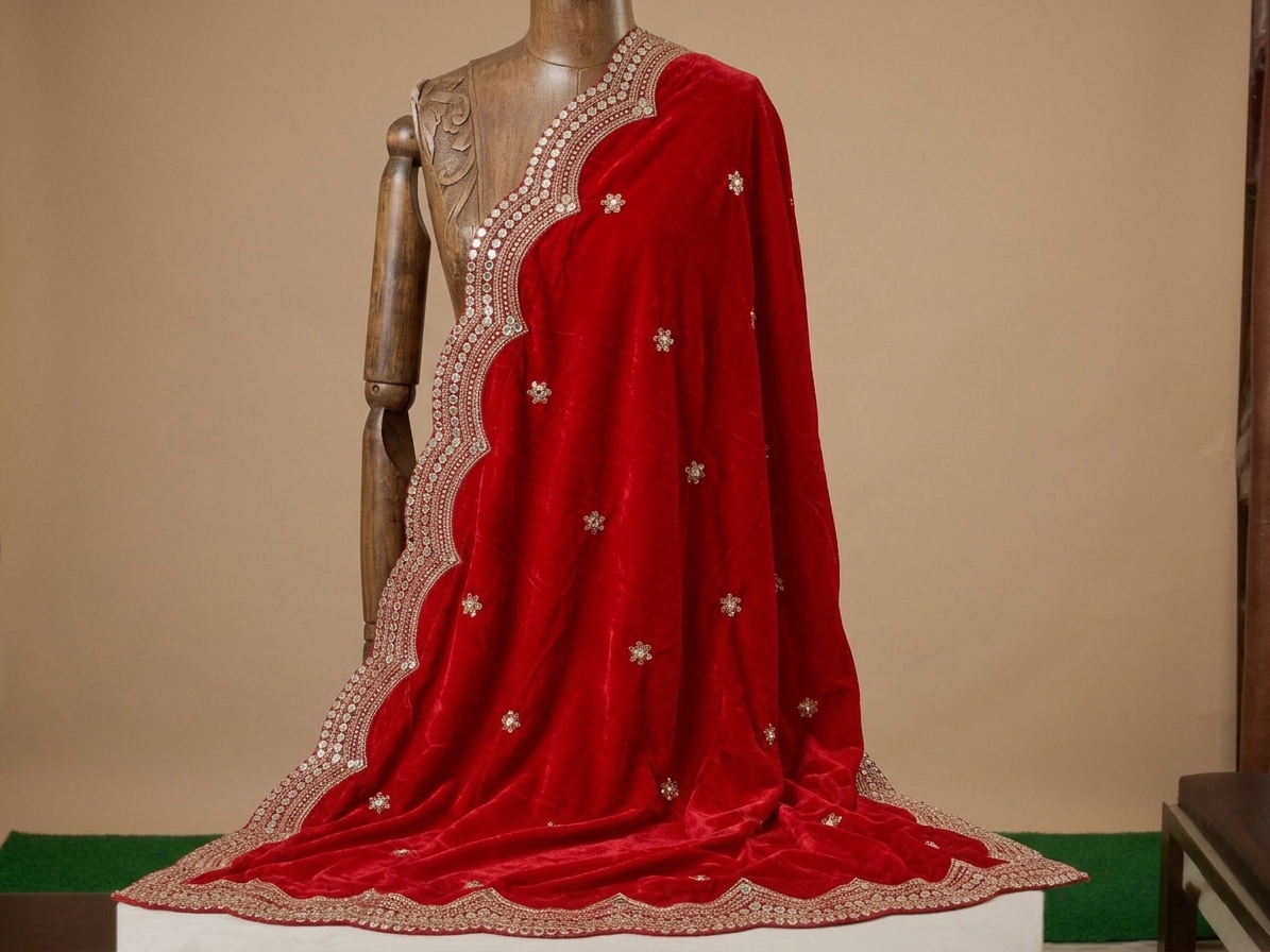 Bright Red Butterfly Velvet Bridal Stole Short Dupatta with Cut-Work Sequin & Foil Border