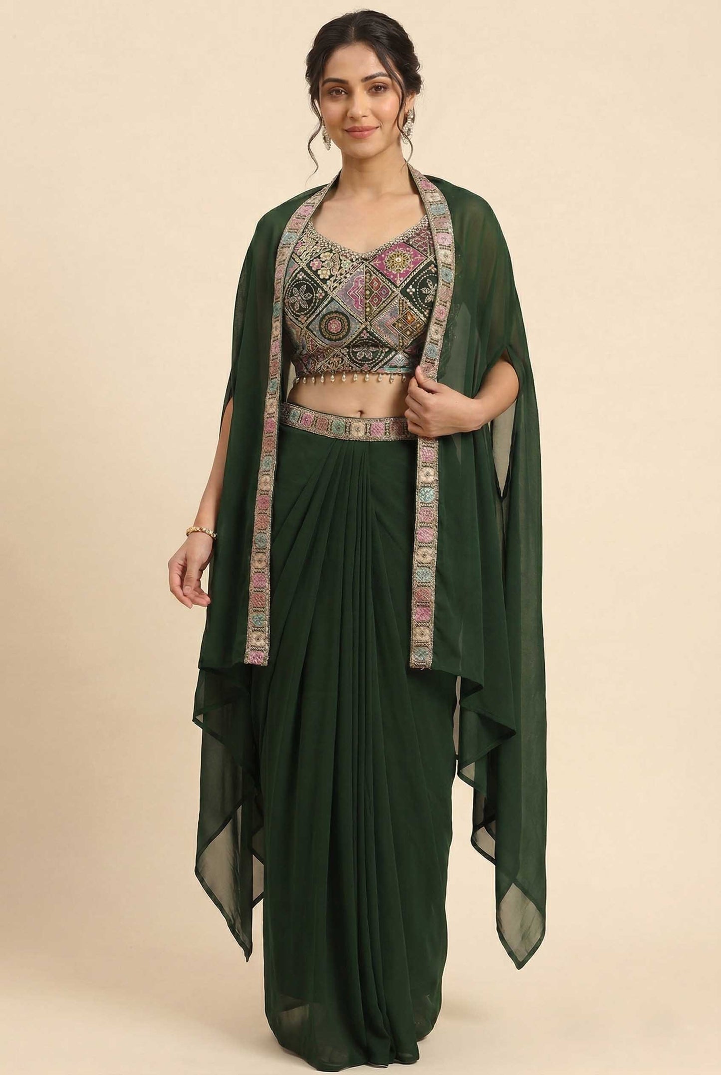 Premium Dark Green Georgette Indo-Western Set: Embroidered Crop Top, Dhoti Pants & Cape Shrug