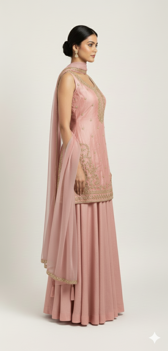 Elegant Onion Pink Art Silk Blend Lehenga Set with Intricate Handwork