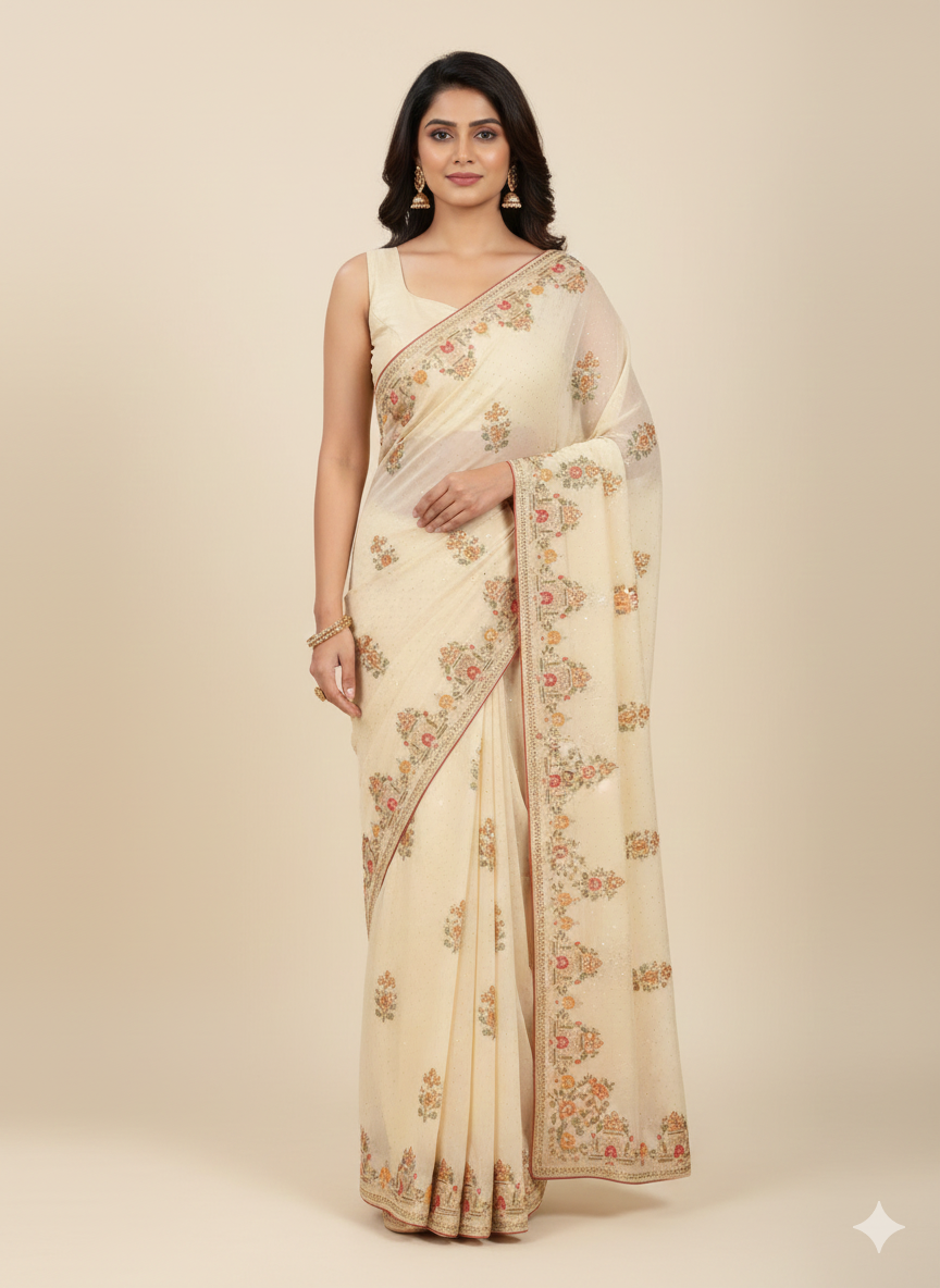 Light Cream/Beige Color Georgette Chiffon Saree, #39055