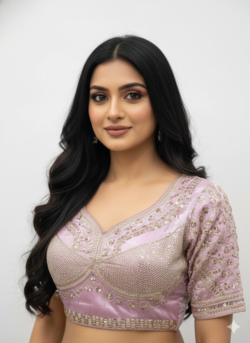 Mauve/Light Purple Cotton Silk Embroidered Blouse Pista Green