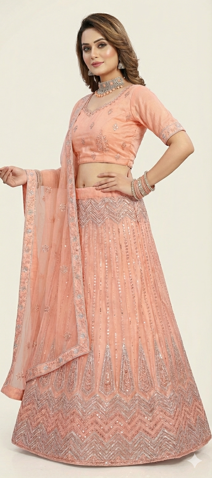 Charming Peach Net Party Wear Lehenga Choli (Unstitched)