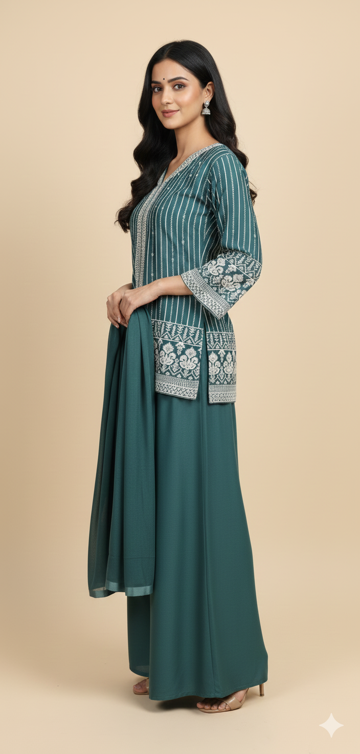 Teal or Deep Turquoise Blue Chinon Zircon & Thread Work Co-ord Set (Short Kurta & Palazzo)