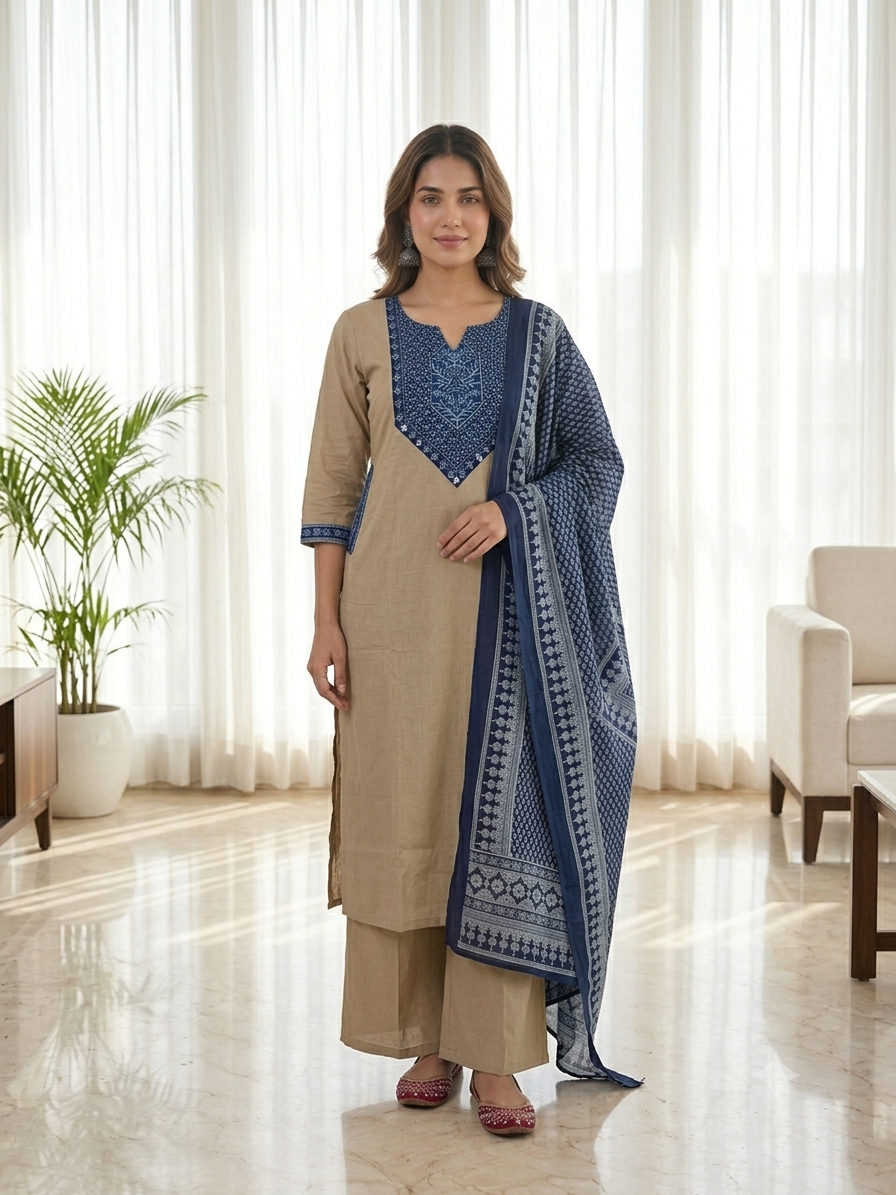 Beige & Indigo Printed Yoke Pure Cotton Kurta, Pant & Dupatta Set