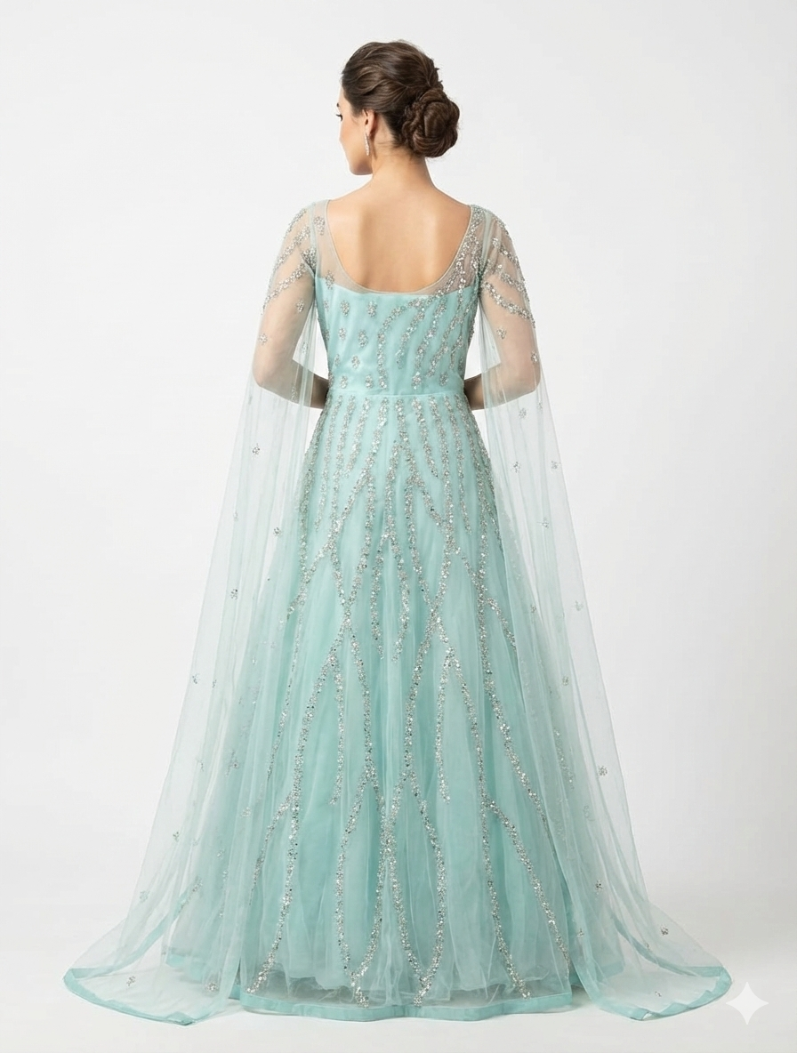 Ethereal Seafoam Green Hand-Embellished Net Gown