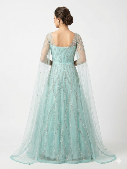 Ethereal Seafoam Green Hand-Embellished Net Gown