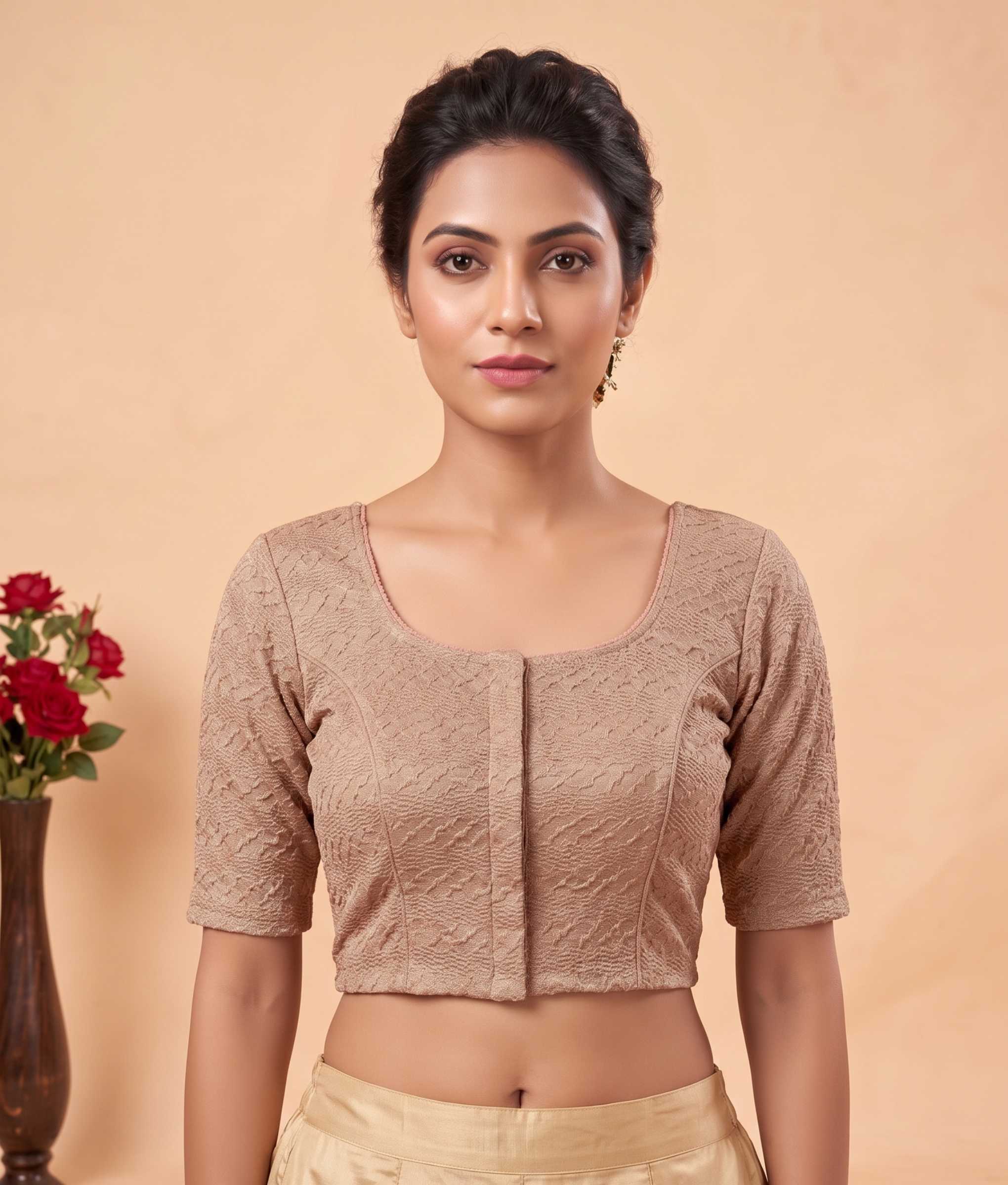 Trendzmy Women Woven Square Neck Cotton Blend Lycra Stretchable Readymade Saree Blouse Peach