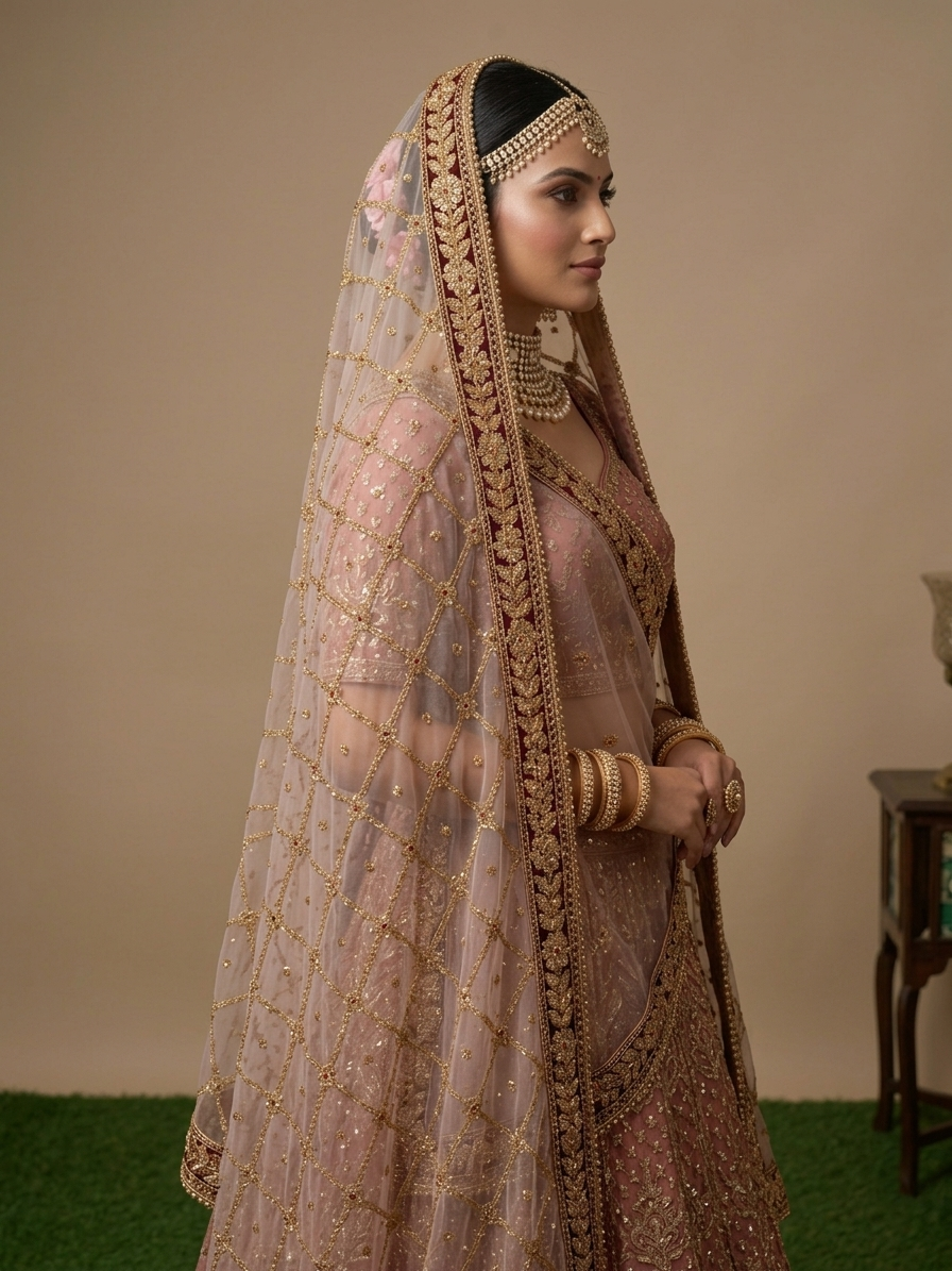 Royal Onion-Sheer Net Bridal Dupatta – Intricate Gold Zari & Velvet Scallop Border