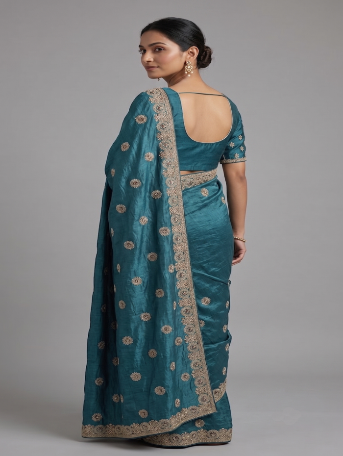 Premium Teal Blue Silk Saree with Intricate Gold Zari Embroidery and Circular Work
