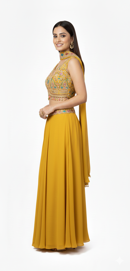 Contemporary Mustard Yellow Georgette Skirt Set with Threadwork Blouse