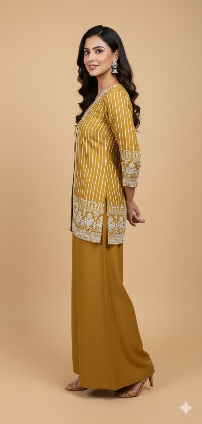 Golden Yellow Chinon Zircon & Thread Work Co-ord Set (Short Kurta & Palazzo)