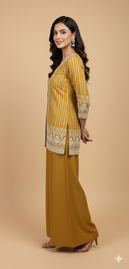 Golden Yellow Chinon Zircon & Thread Work Co-ord Set (Short Kurta & Palazzo)