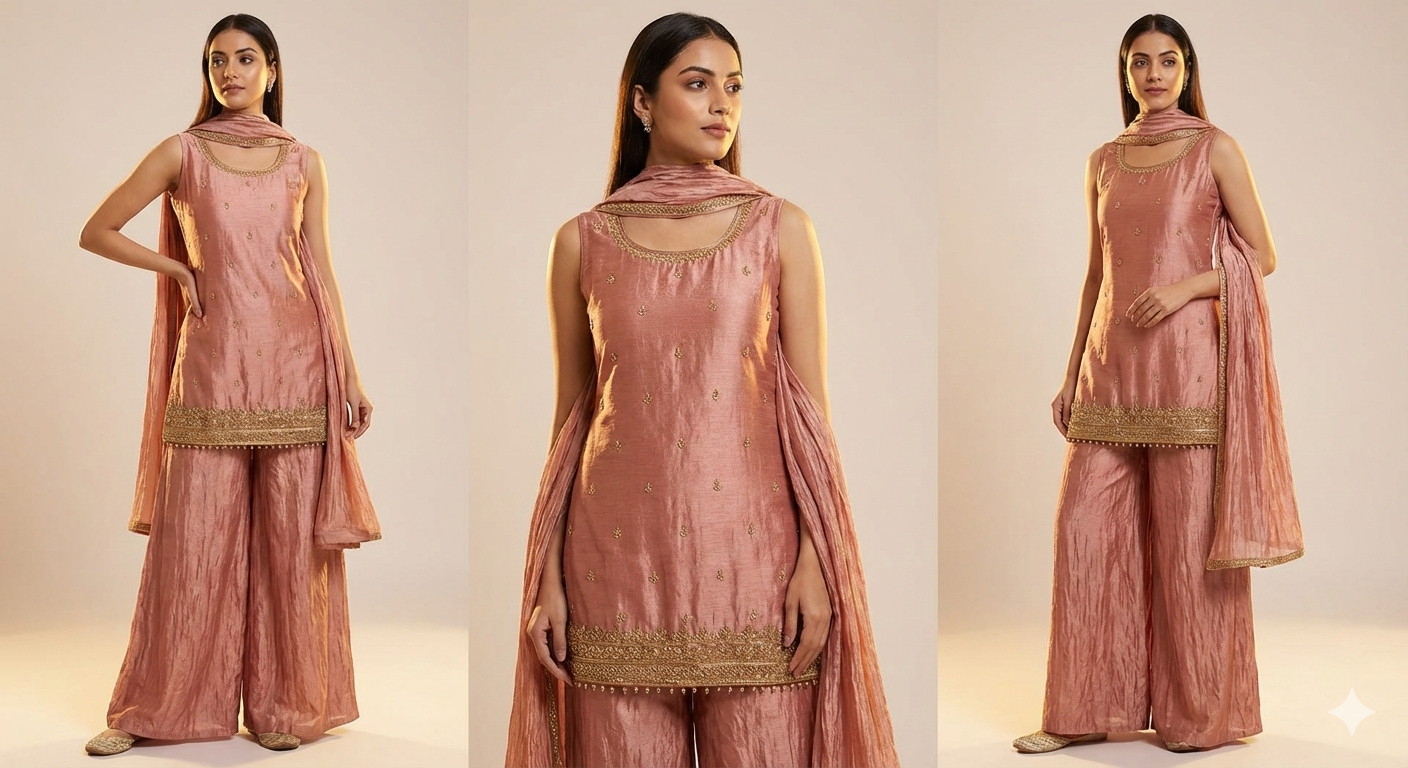 Metallic Antique Rose Gold Crush Art Silk Handwork Kurti Set with Palazzo