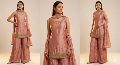 Metallic Antique Rose Gold Crush Art Silk Handwork Kurti Set with Palazzo