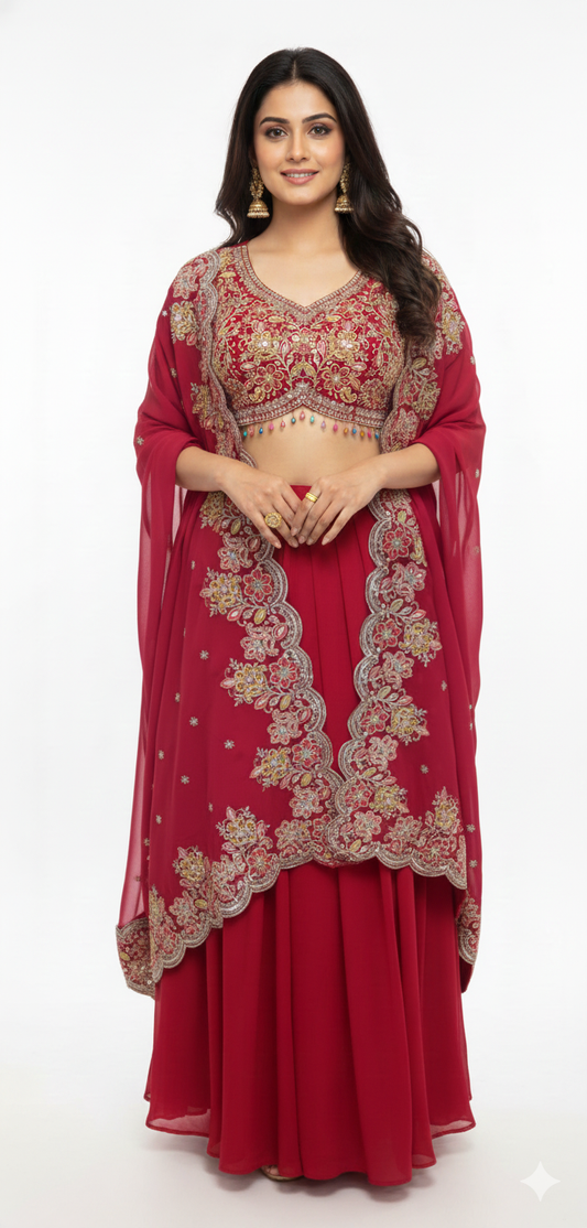 Dazzling Rani Pink Georgette Palazzo Set with Shrug