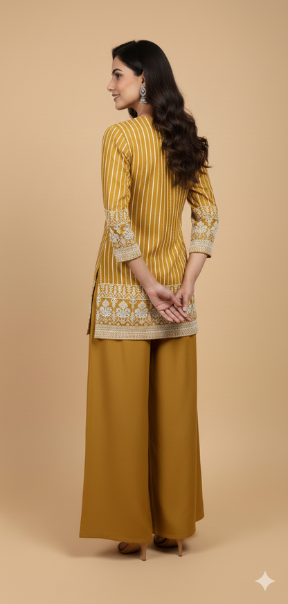 Golden Yellow Chinon Zircon & Thread Work Co-ord Set (Short Kurta & Palazzo)