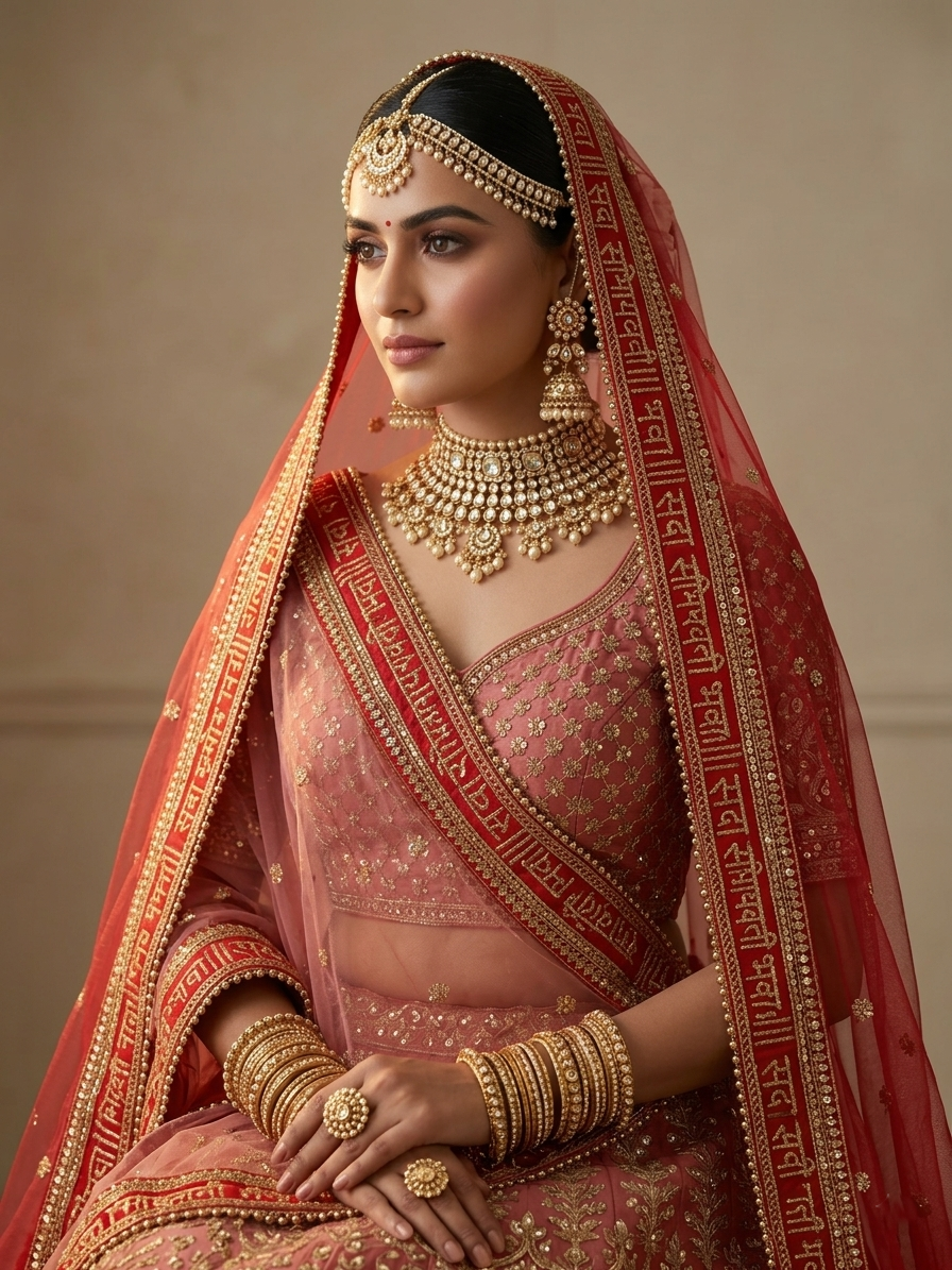Red Bridal Net Dupatta with "Sada Saubhagyavati Bhava" Shloka & Antique Gold Embroidery | TrendzMy