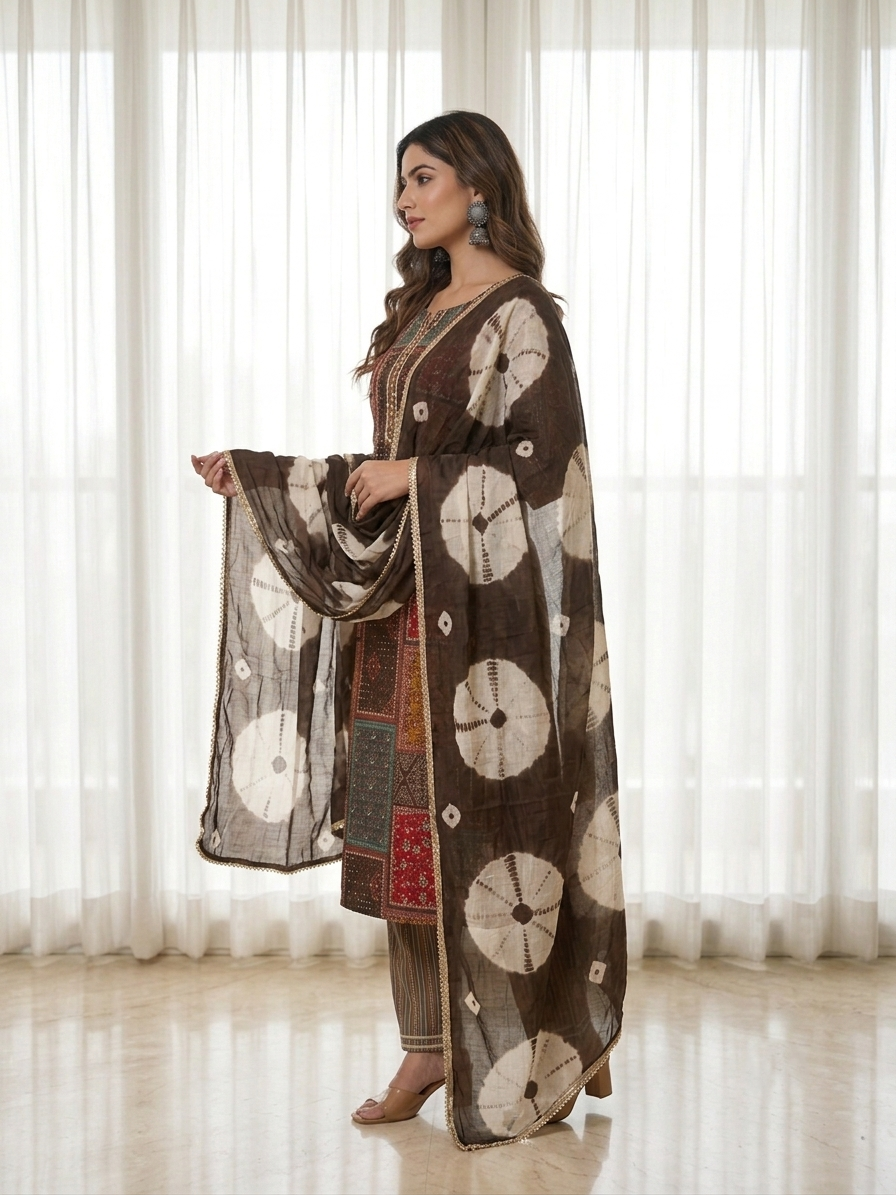 Premium Multicolor Mercerized Cotton Kurta, Pant & Dupatta Set