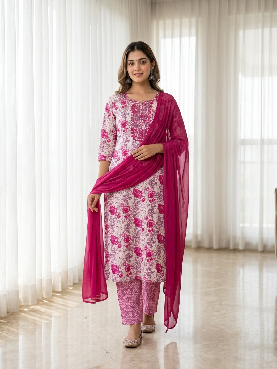 Off-White & Floral Pink Printed Cotton Kurta Set with Plain Chiffon Dupatta