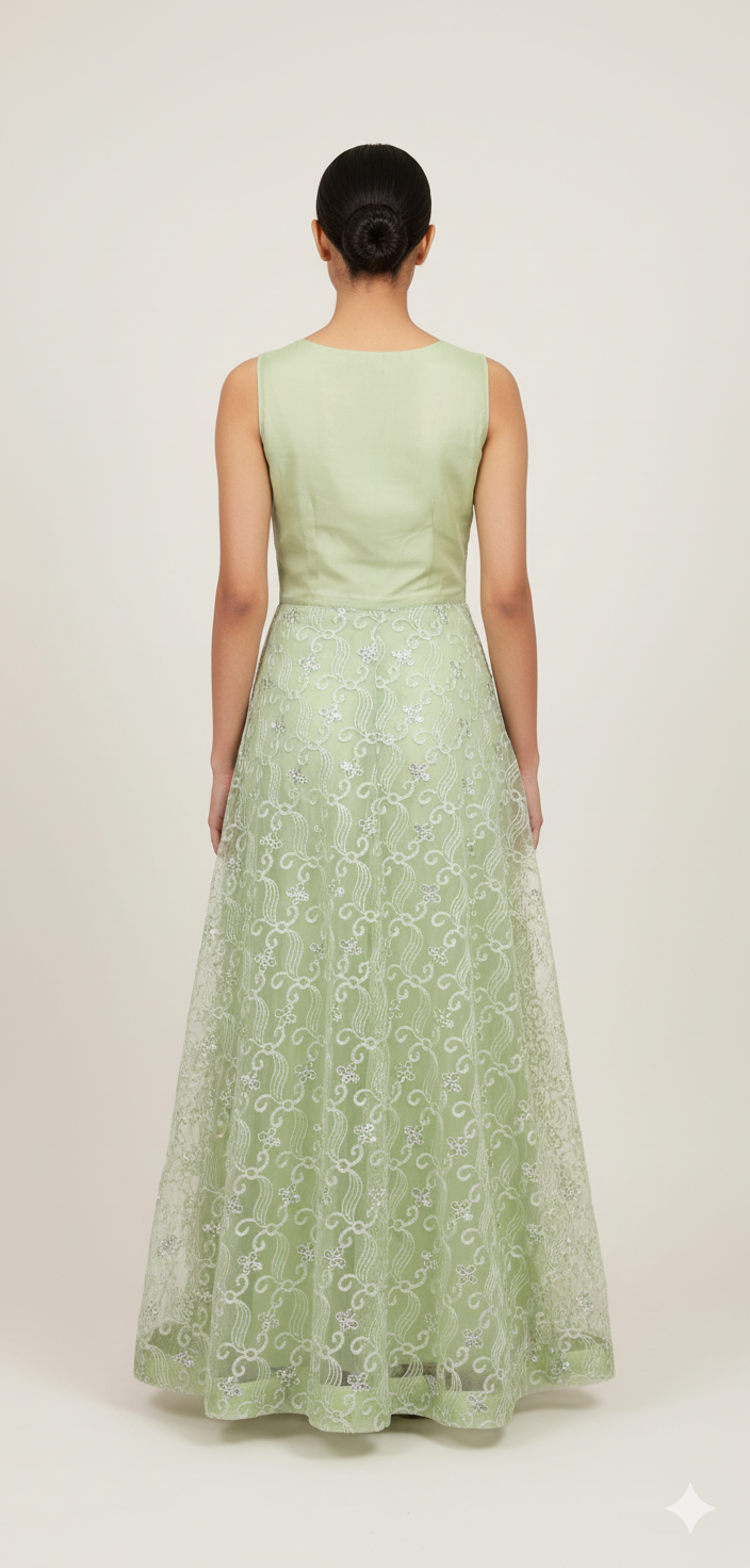 Stitched Pista Green Net Partywear Gown (M Size)