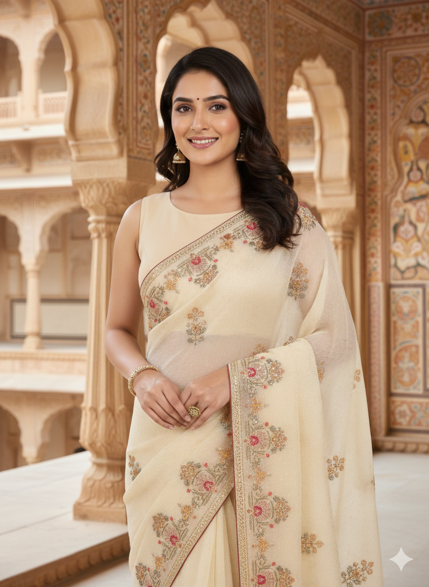 Light Cream/Beige Color Georgette Chiffon Saree, #39055