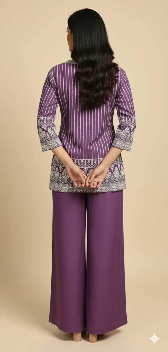 Purple Chinon Zircon & Thread Work Co-ord Set (Short Kurta & Palazzo)