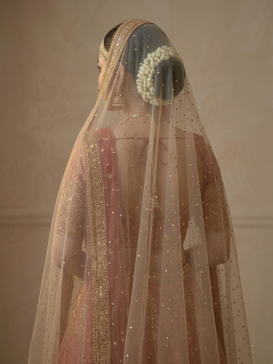 Gold Hand-Embroidered Net Bridal Veil Dupatta | TrendzMy