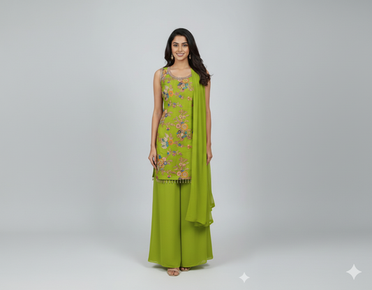 Mahndi Green Silk Sharara Set with Multi-Thread Embroidery