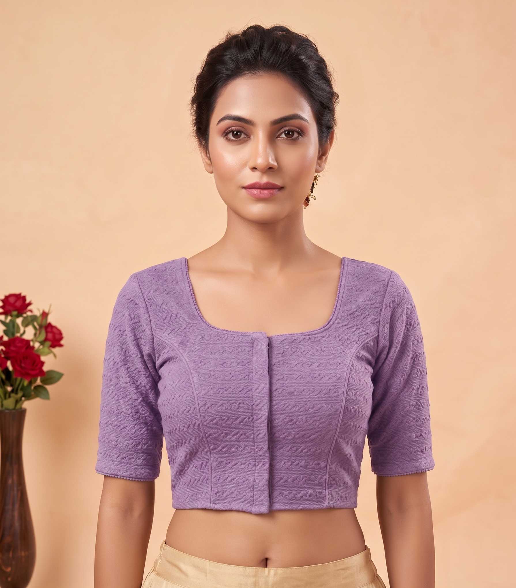 Trendzmy Women Woven Square Neck Cotton Blend Lycra Stretchable Readymade Saree Blouse Purple