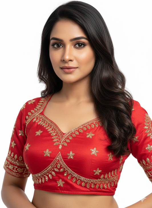 🌹 Elegant Red Cotton Silk Embroidered Blouse