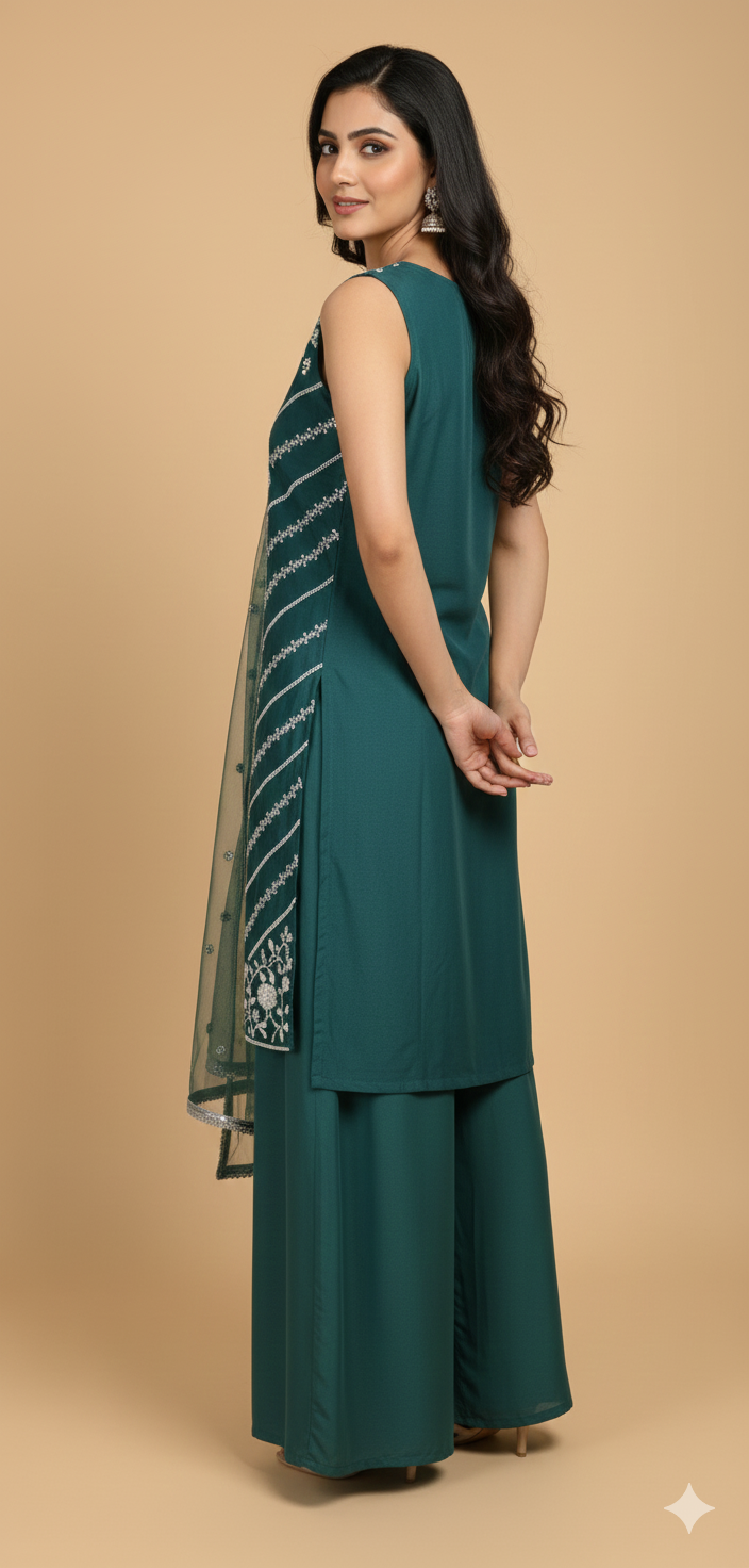 Peacock Green Chinon Hand Work Kurta &amp; Palazzo Set