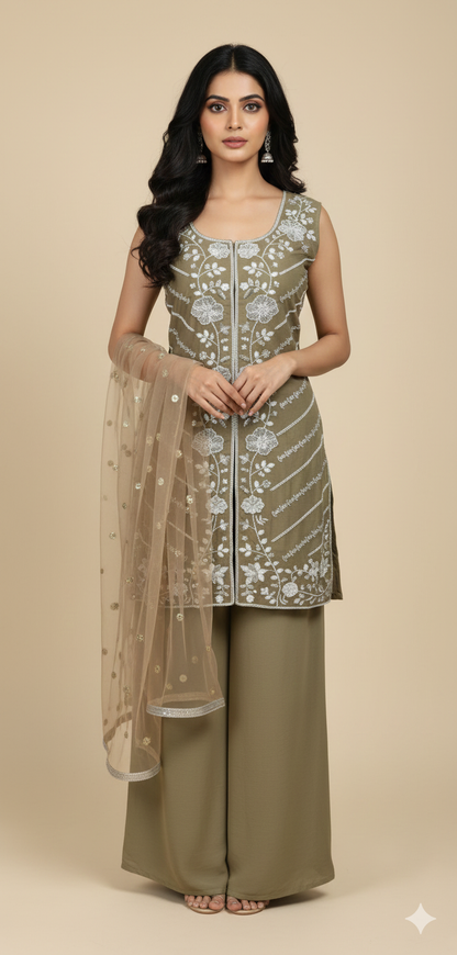 Olive Green Chinon Hand Work Kurta & Palazzo Set