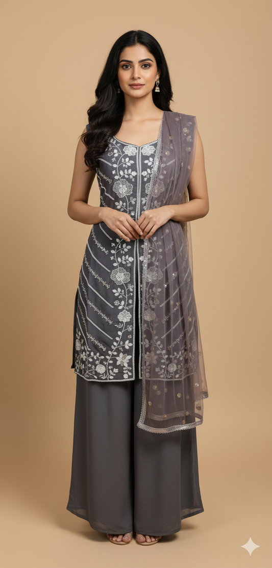 Grey Chinon Hand Work Kurta & Palazzo Set