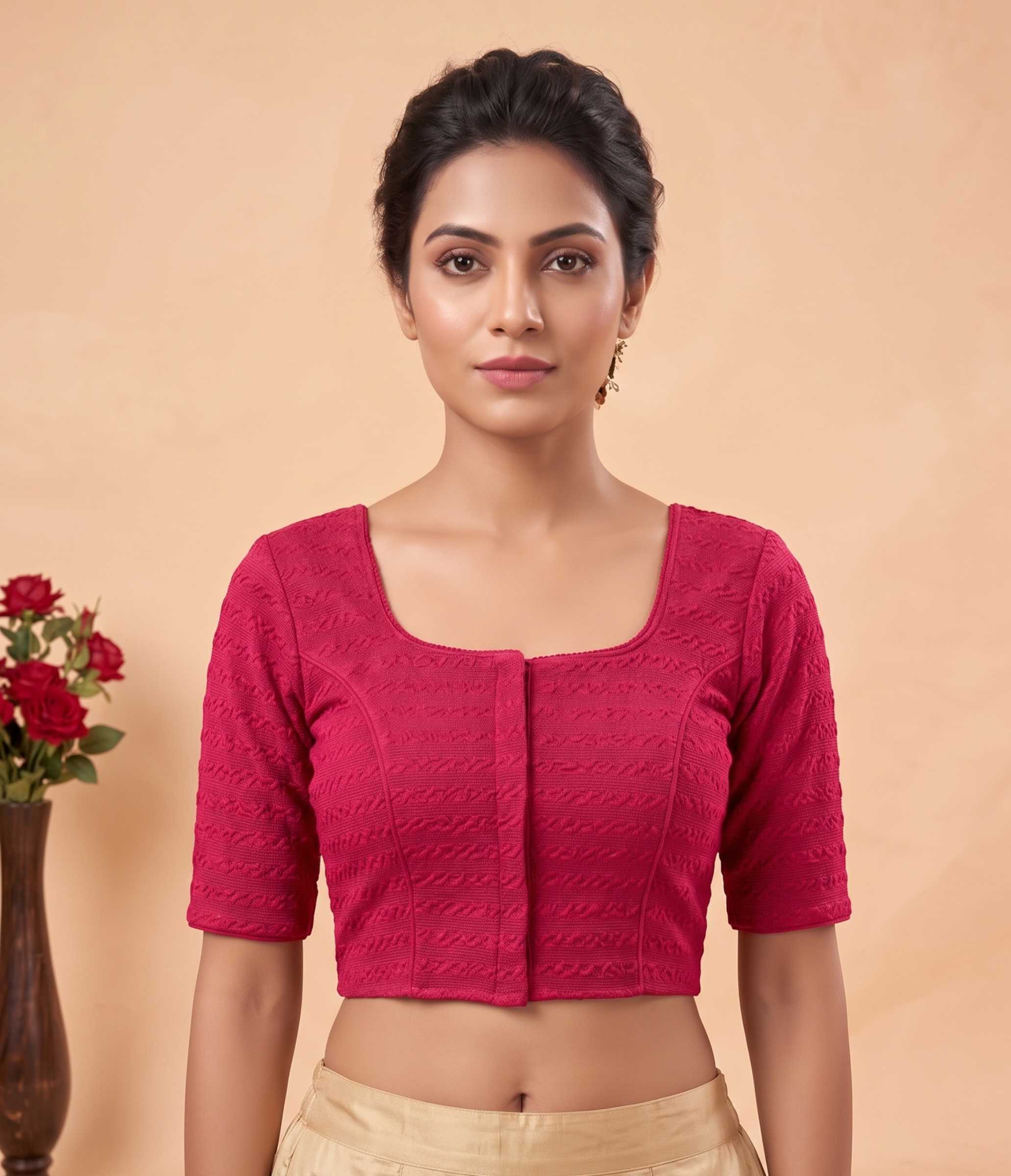 Trendzmy Women Woven Square Neck Cotton Blend Lycra Stretchable Readymade Saree Blouse Rani Pink