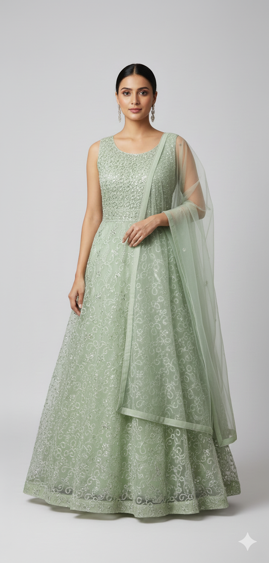 Stitched Pista Green Net Partywear Gown (M Size)
