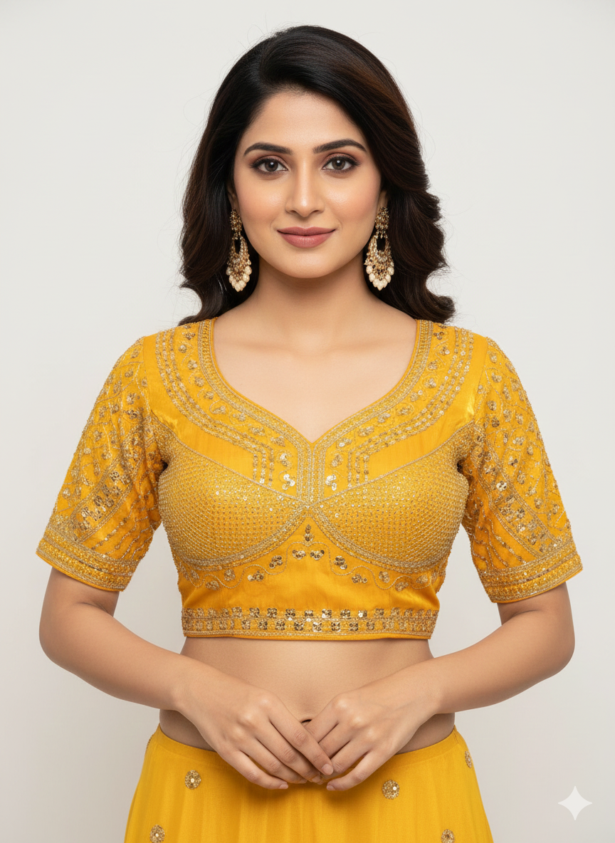 Yellow Cotton Silk Embroidered Blouse