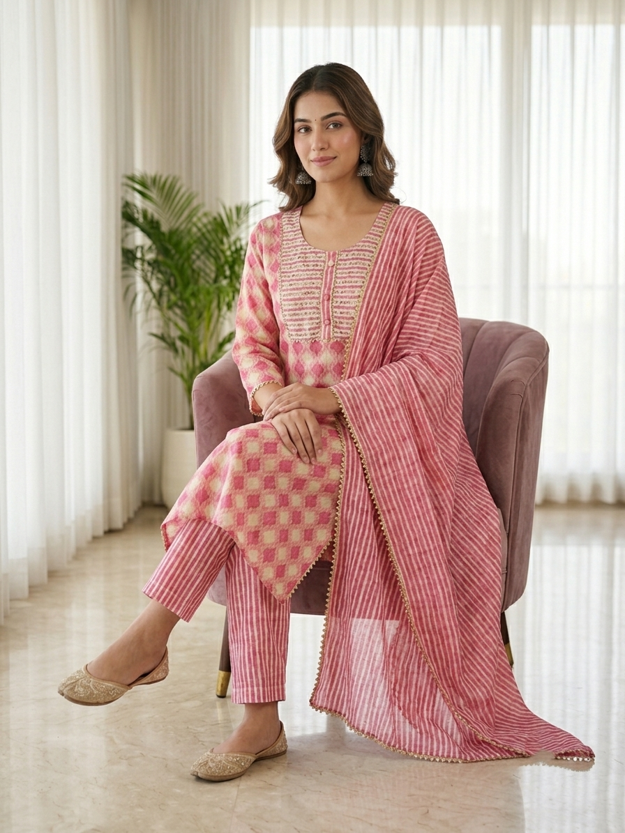 Pink Geometric Print Pure Cotton Kurta, Pant &amp; Dupatta Set