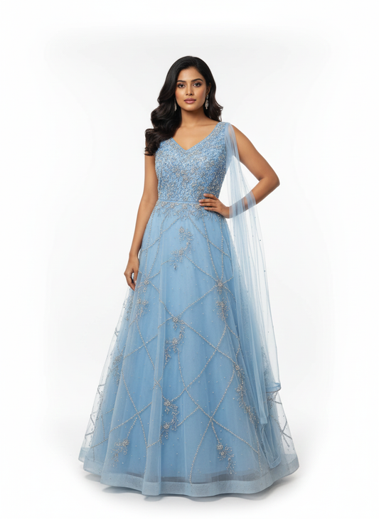 The Celeste Sky Blue Asymmetric Designer Gown