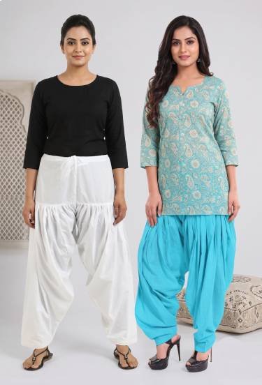 Women & Girl's Ethnic Premium Pleated Patiala Salwar in White & Sky Blue-Pack of 2